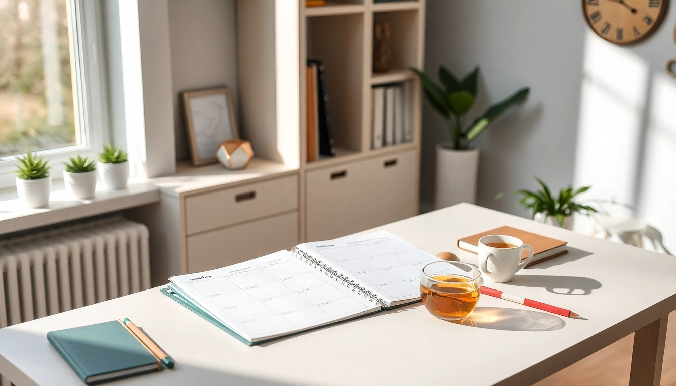 Effortless Daily Organization illustrated in a serene home office, showcasing a planner and organized workspace.