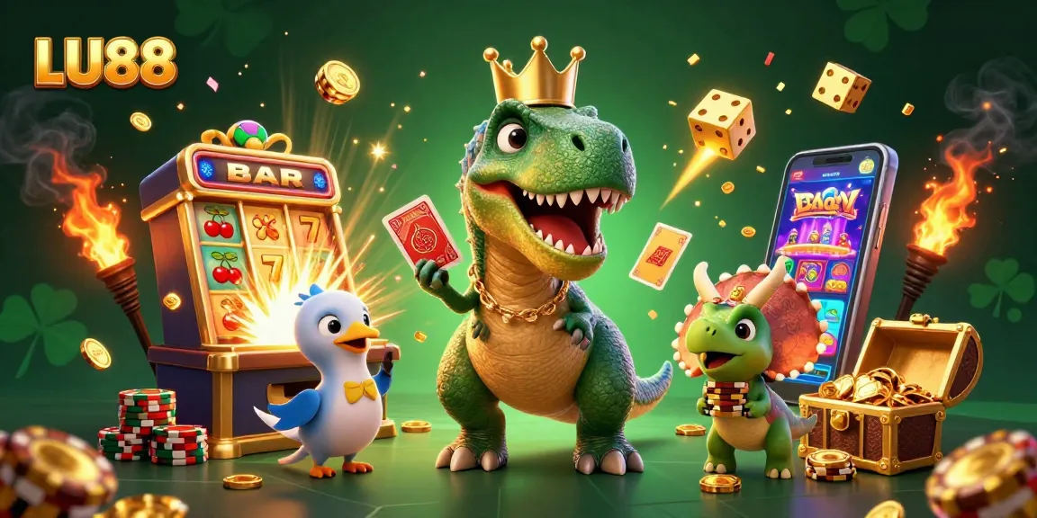 LU88 themed illustration with T-Rex shuffling cards and casino elements exploding.