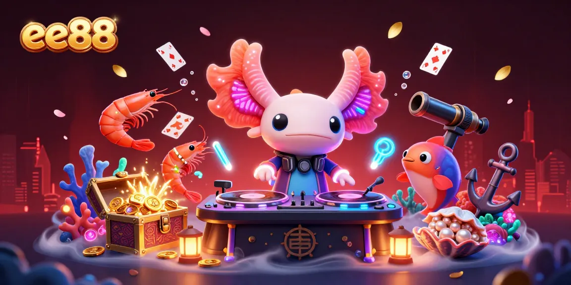 Engage in exciting underwater casino fun with ee88's neon axolotl DJ and vibrant characters.
