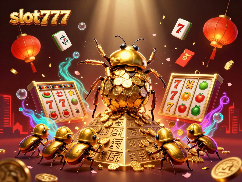 Experience slot777's exhilarating jackpots with playful golden beetles and vibrant casino elements.