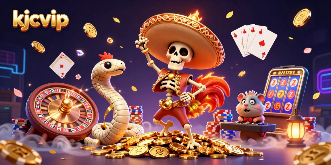 Engage with kjcvip's vibrant gambling dynamics featuring a festive skeleton and themed casino elements.