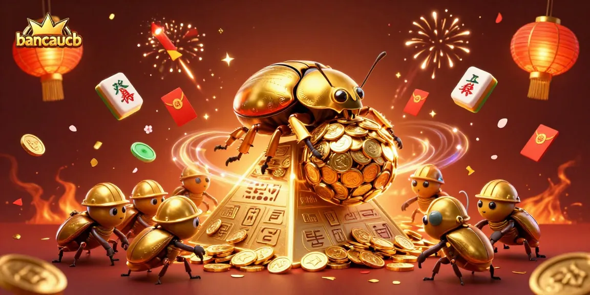 Spin the reels in style with bancaucb's dynamic golden beetle adventure amidst casino symbols.