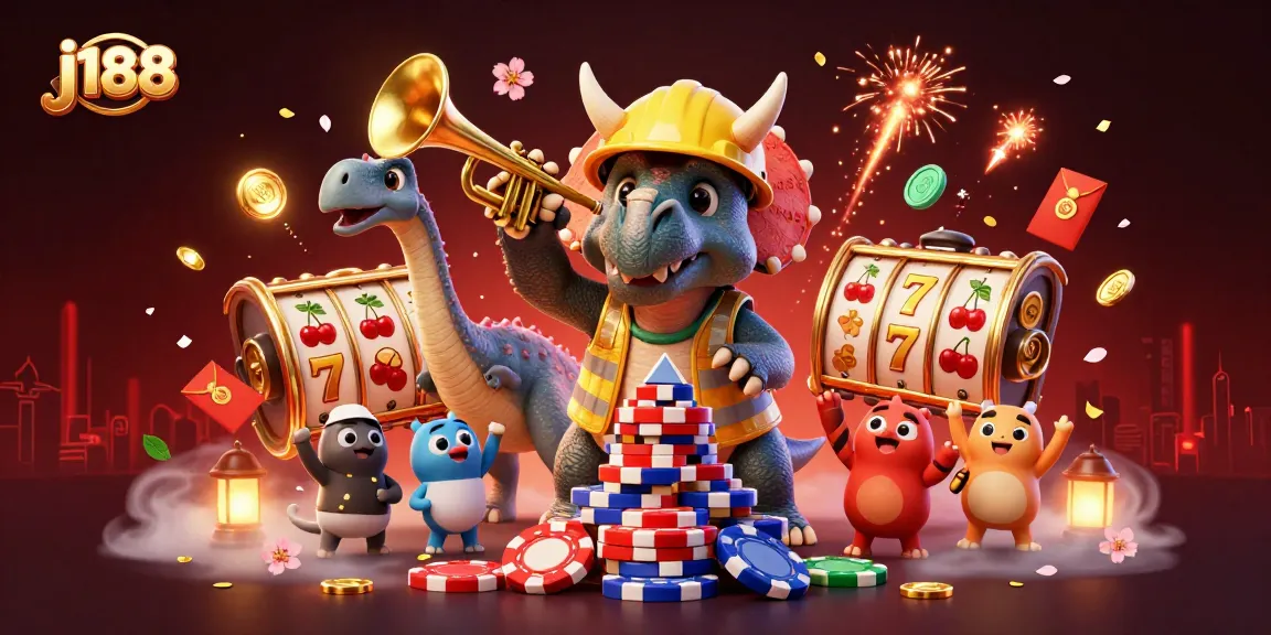 j188 showcases a vibrant casino scene with a triceratops building poker chip pyramids.