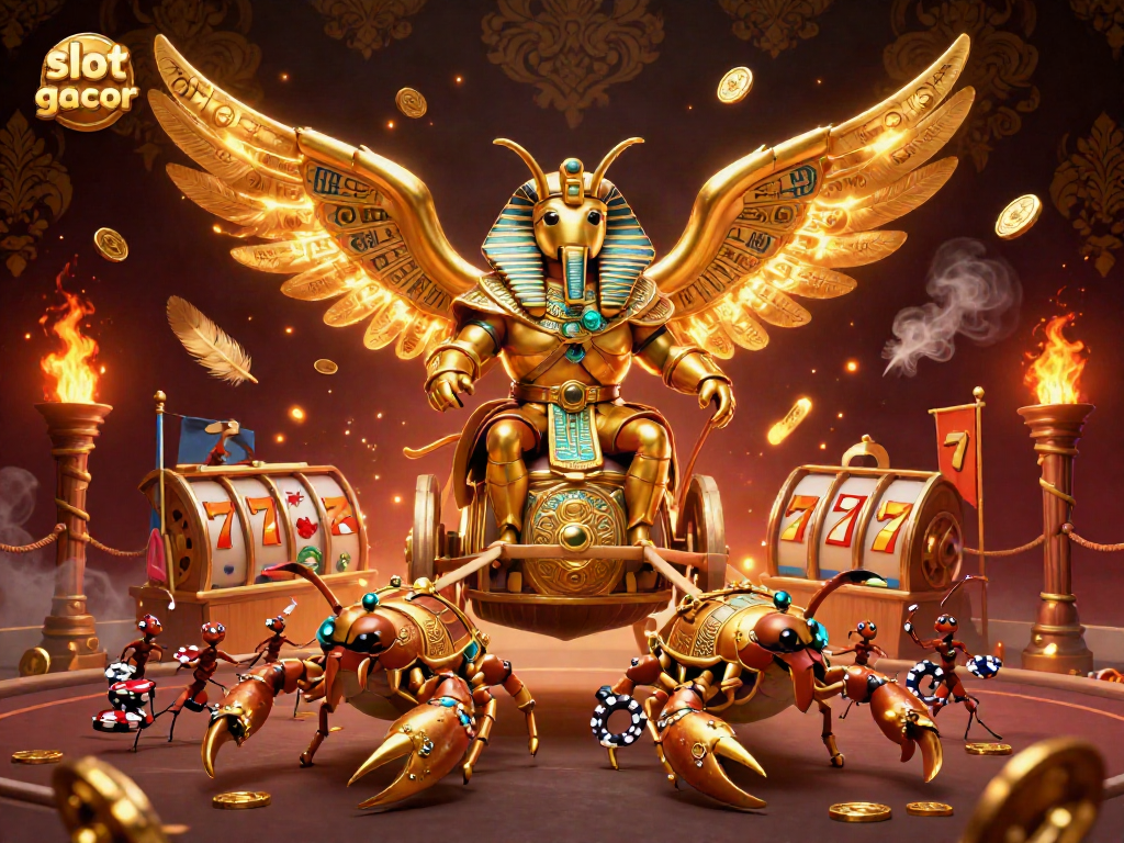 Engage in thrilling slot gacor gameplay with golden scarab and scorpions in a vibrant casino illustration
