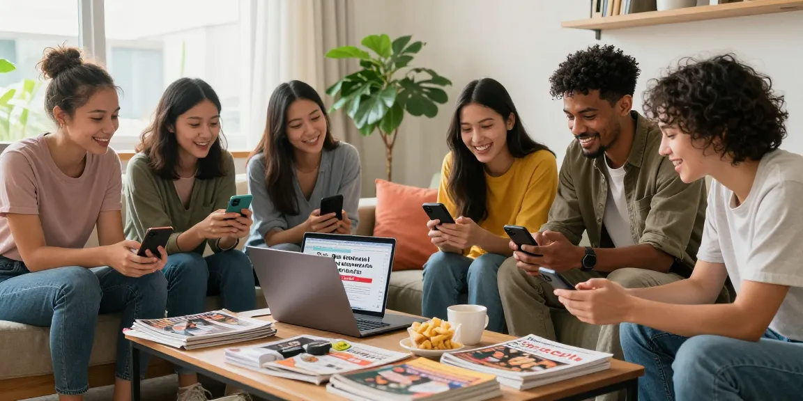Friends using BedPersonal for local classifieds in a cozy living room.