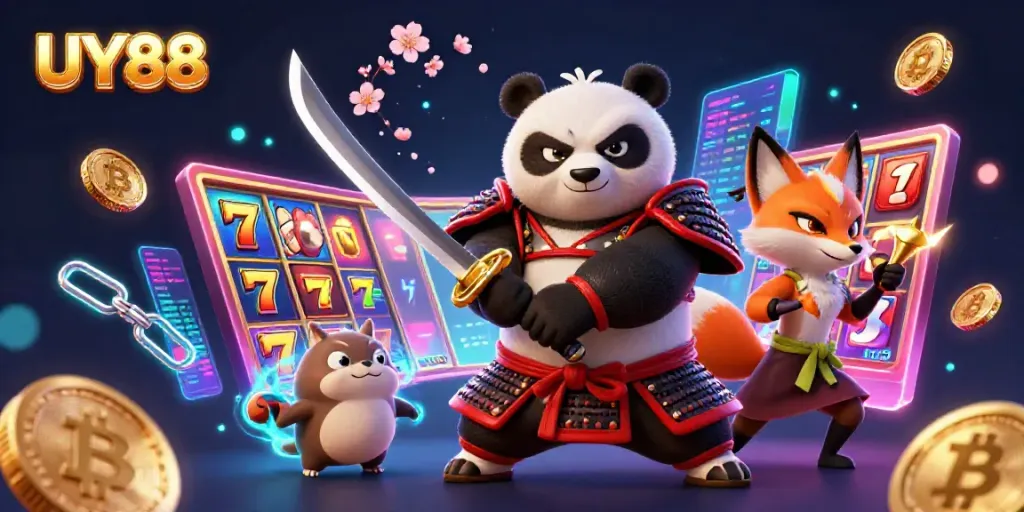 Experience thrilling action with UY88's dynamic casino scene featuring samurai panda and ninja fox.