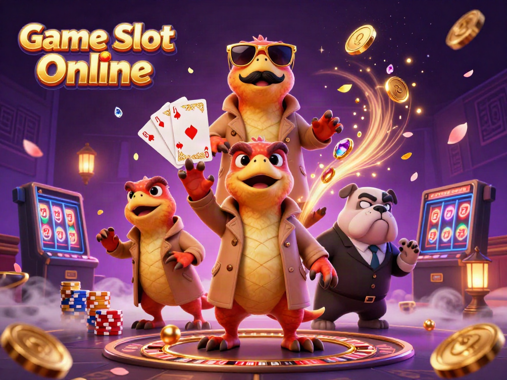 Engage in Game Slot Online adventures with vibrant raptors in a casino setting, dynamic scene!