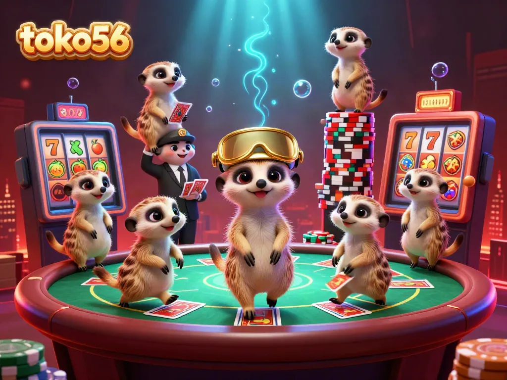 Meerkats beroperasi di kasino slot toko56, menampilkan mesin slot serta chip warna-warni.