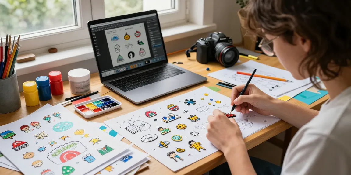 Designer crafting custom enamel pins in a vibrant workspace with sketches and tools.