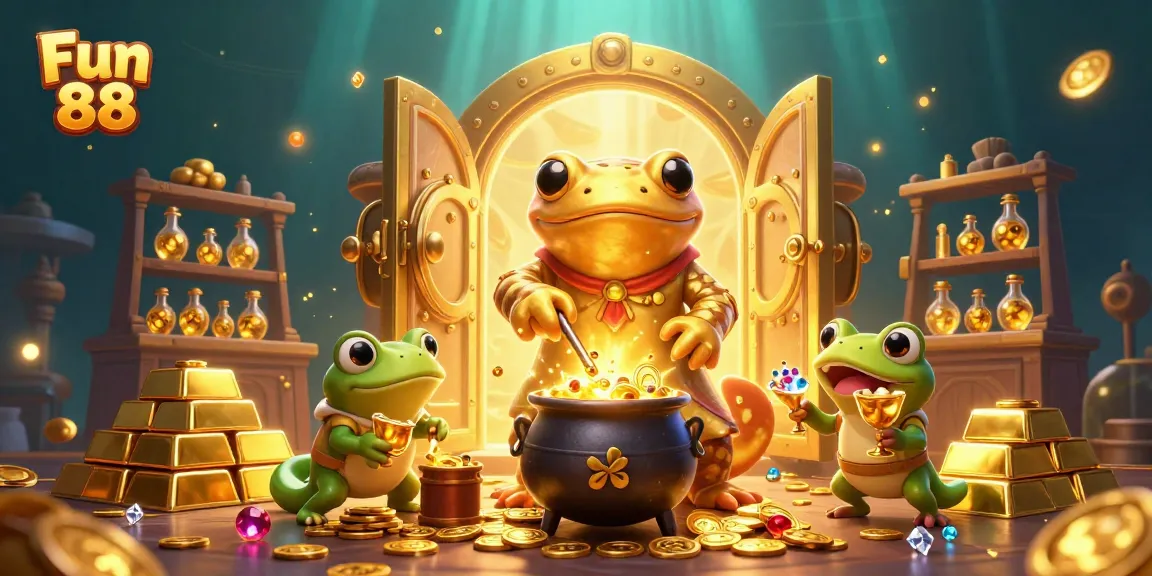 Engage in thrilling Fun 88 adventures with a captivating 3D illustration showcasing exciting gold transformations and treasure.