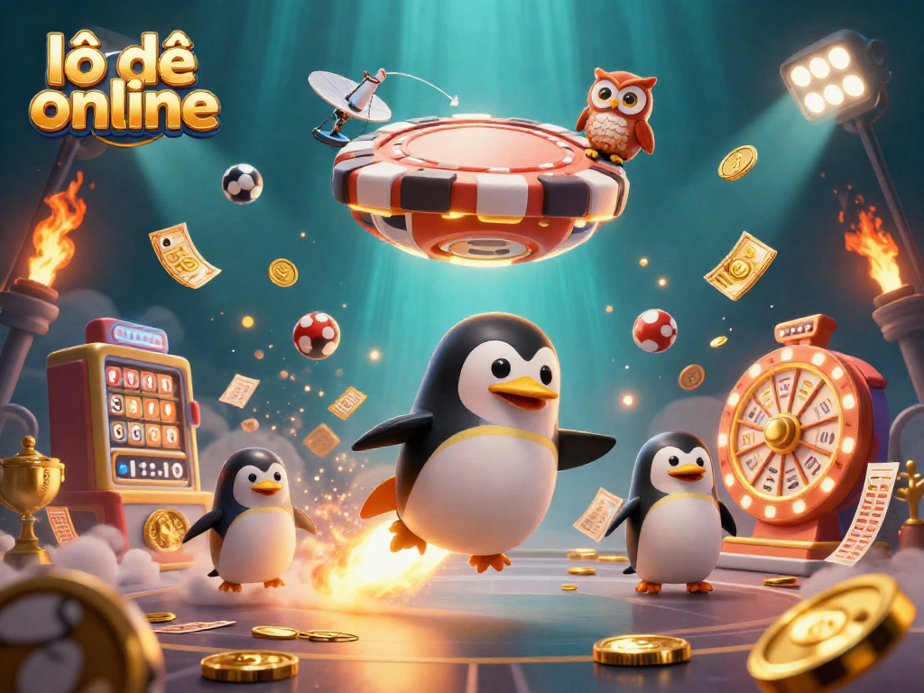 Engage with lô đề online excitement through a dynamic 3D illustration filled with lottery elements and casino energy.