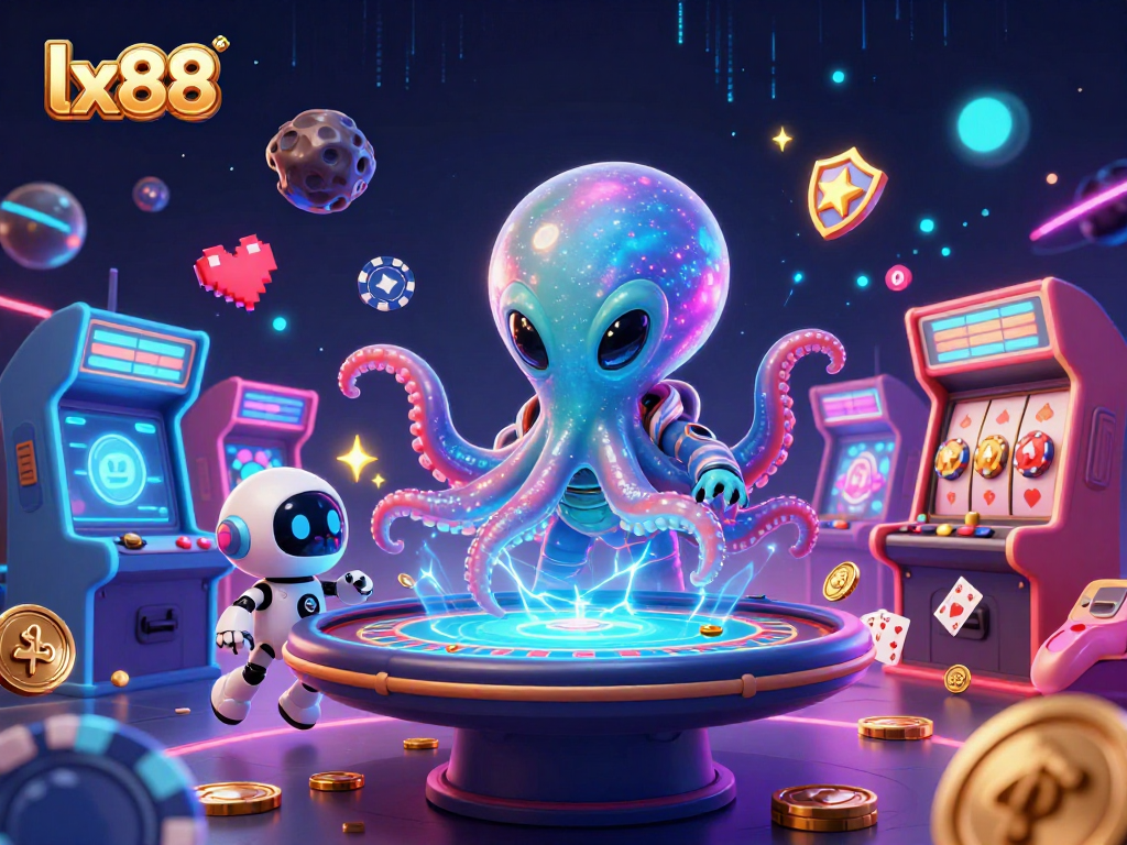 Experience thrilling gambling at lx88 with an alien octopus operating a holographic poker table amidst vibrant 3D casino elements.