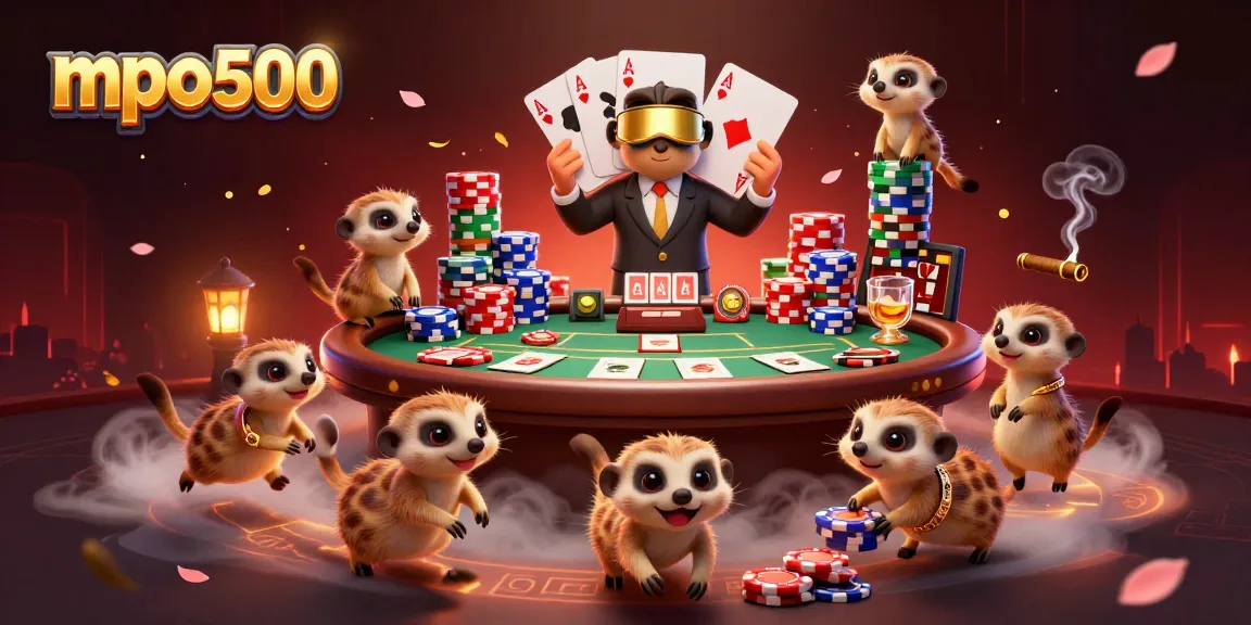 Meerkats dominating the mpo500 casino scene with vibrant poker elements and dynamic action.