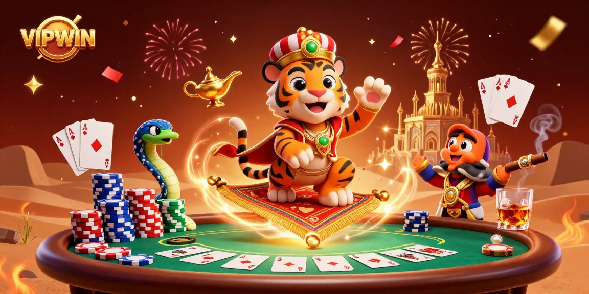 Experience VIPWIN's thrilling gaming on a magical carpet of poker chips, featuring vibrant casino elements.