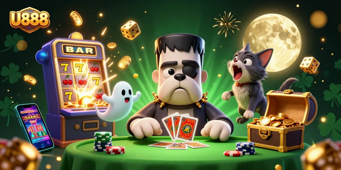 U888 offers a thrilling gaming experience featuring a bulldog dealer and immersive casino elements in a vibrant scene.