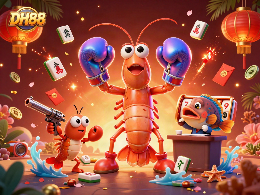 Engage in thrilling gameplay with DH88's vibrant 3D casino illustration featuring colorful game elements.