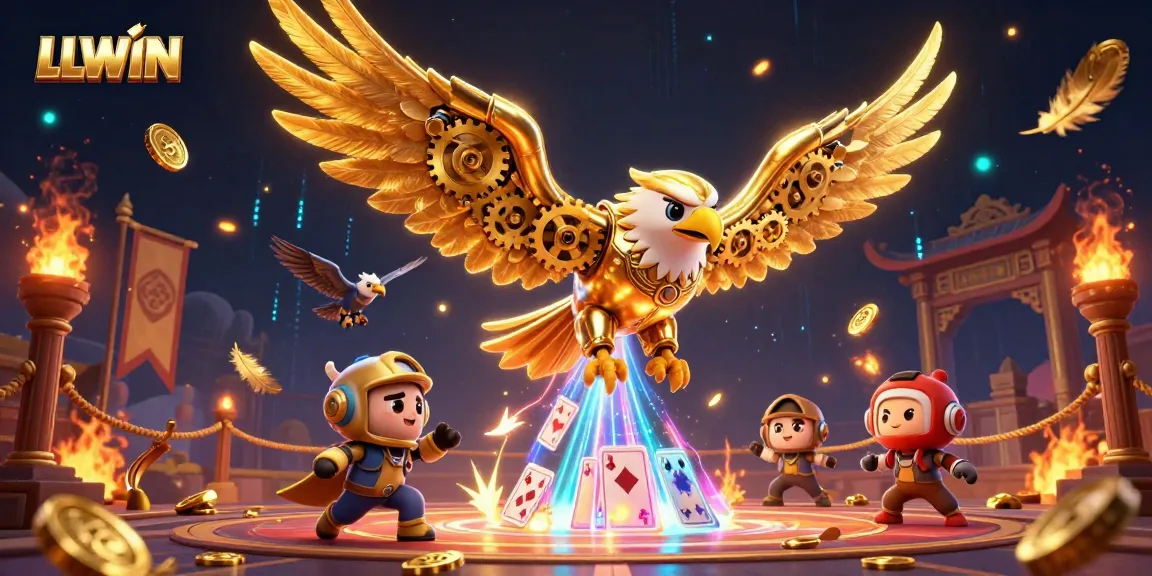 Experience thrilling gaming at LLWIN with a cybernetic golden eagle surrounded by holographic cards and immersive casino elements.