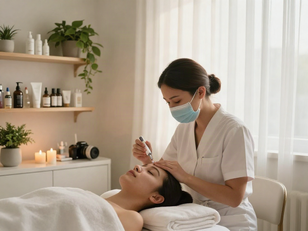 Buy ghk-cu canada, aesthetician applying copper peptide serum in a serene beauty studio.