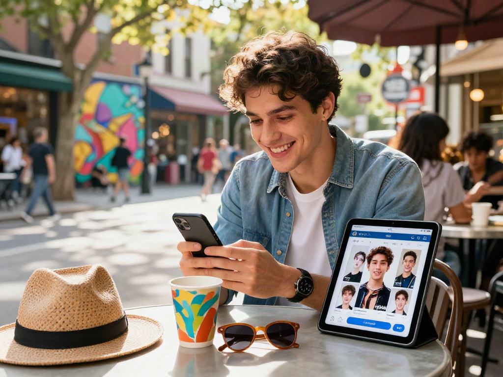 Young adult using a look like celebrities app at a lively café