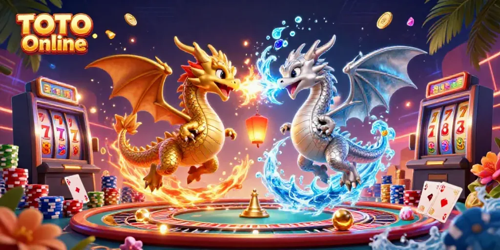 Permainan TOTO Online dengan dua naga 3D yang berseberangan dan keajaiban koin berkilauan