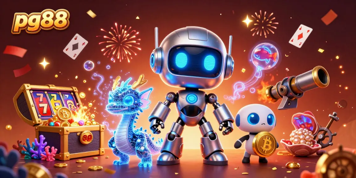 Experience an exhilarating game world with pg88 featuring a cyberpunk robot, holographic dragon, and bitcoin drone.
