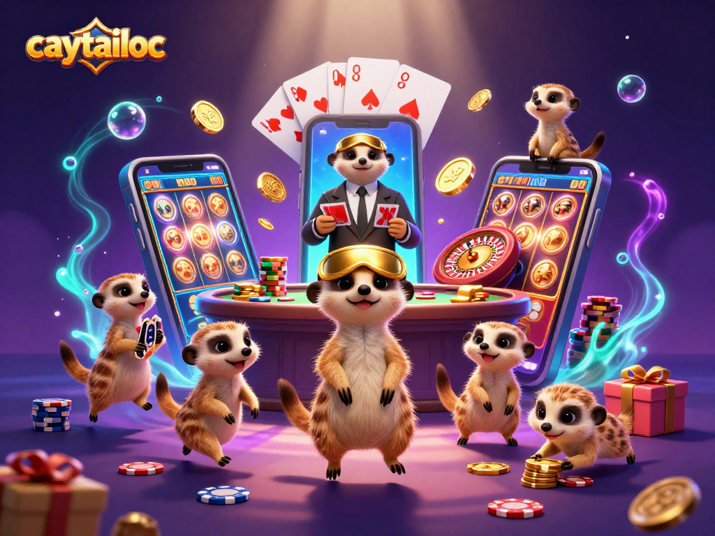 Engage with caytailoc's dynamic slots scene featuring animated meerkats and vibrant casino elements.