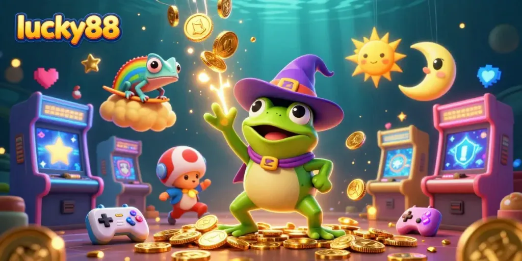 Experience excitement with lucky88 as golden coins rain down in a whimsical casino-themed illustration
