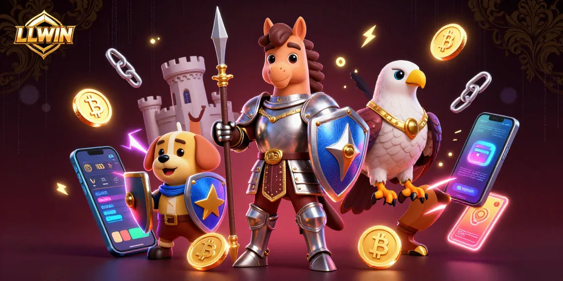 LLWIN offers thrilling experiences with a knight, puppy, and falcon amid crypto coins in a vibrant casino scene.