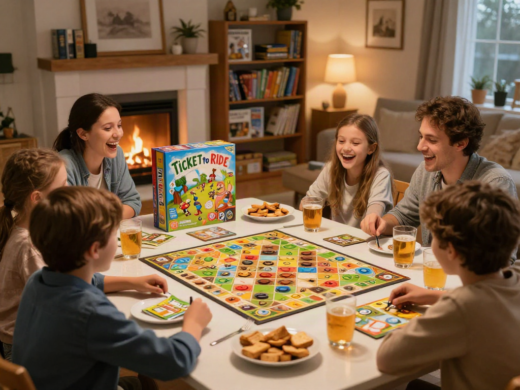 Family enjoying board games with laughter in a cozy living room.