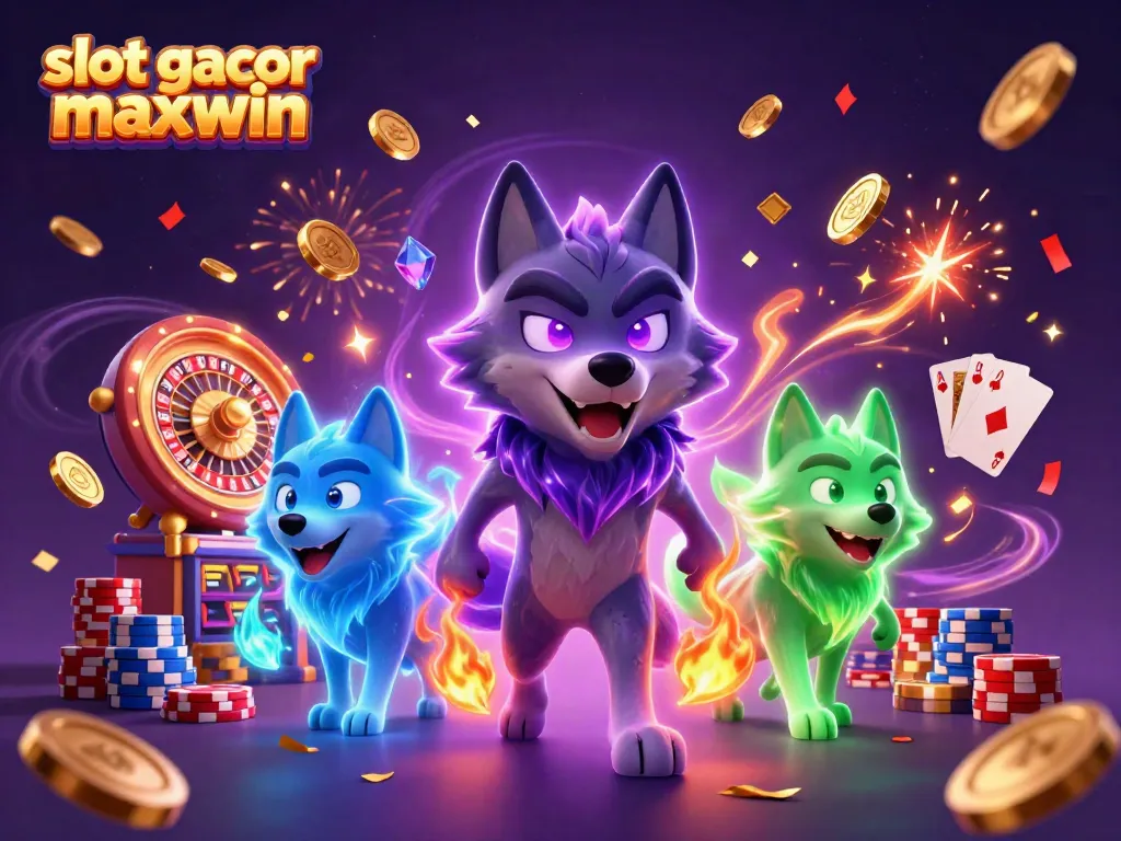 Slot gacor maxwin: Pemimpin kawanan serigala dikelilingi oleh mesin slot, chip poker, dan dekorasi meriah.