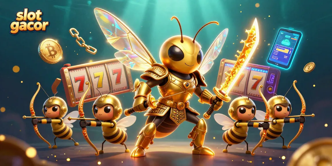 Engage with slot gacor as a giant hornet samurai amidst slot reels and cryptocurrencies.