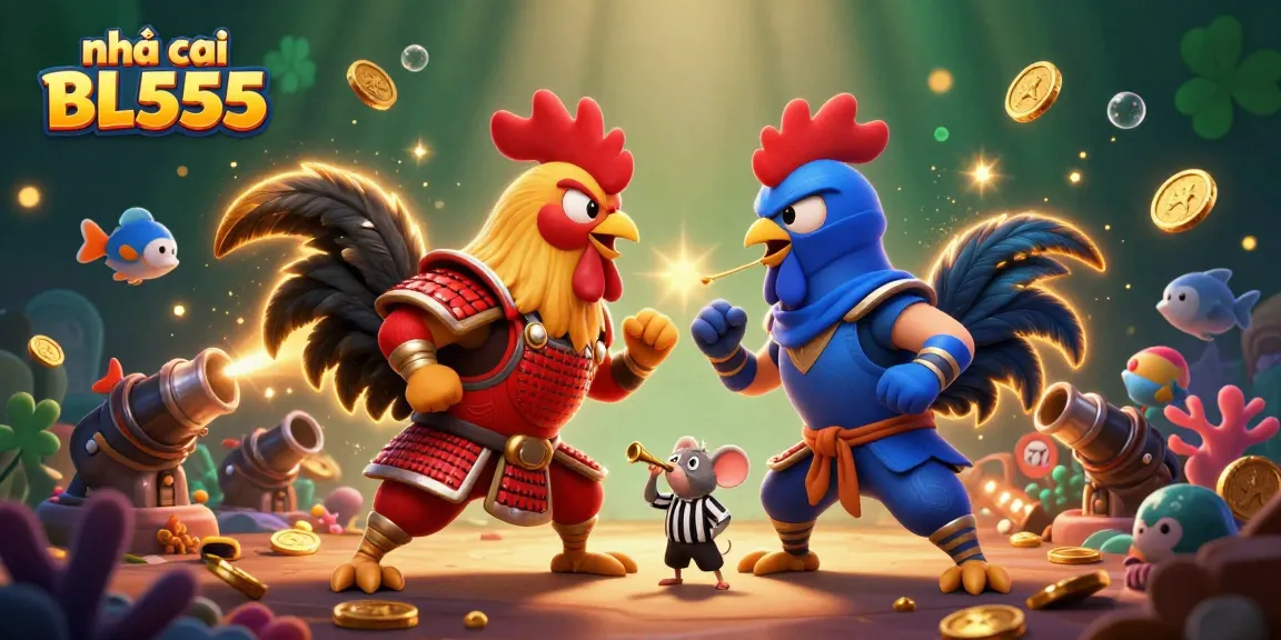Engage with the thrilling action at nhà cái BL555, featuring dynamic fighting roosters in a vibrant casino scene.