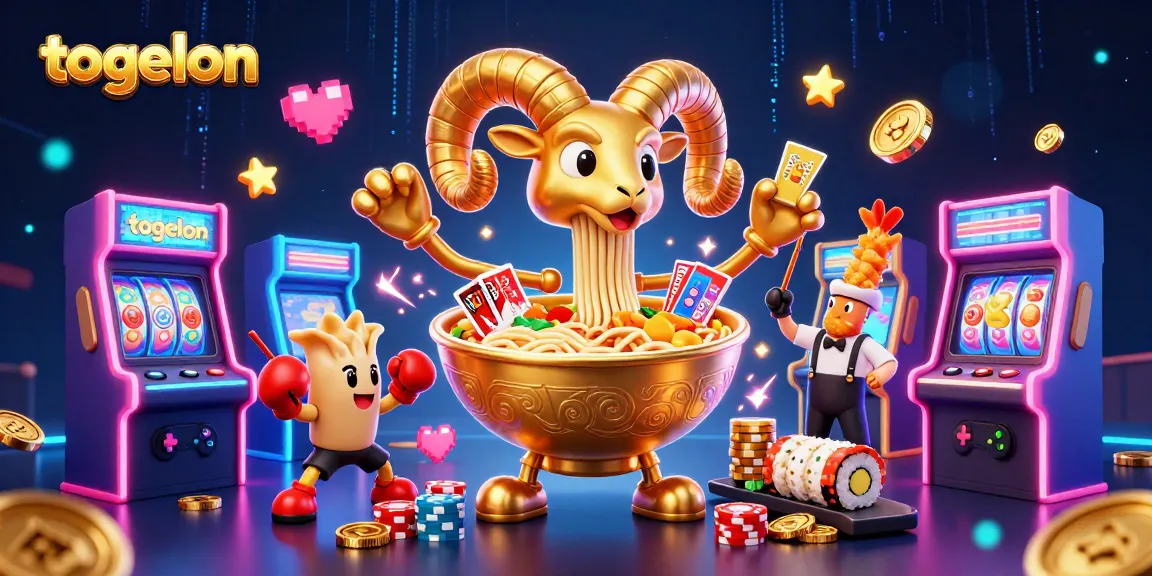 Togelon brings you an exciting 3D gambling scene with a golden ramen bowl character playing cards among vibrant casino elements.