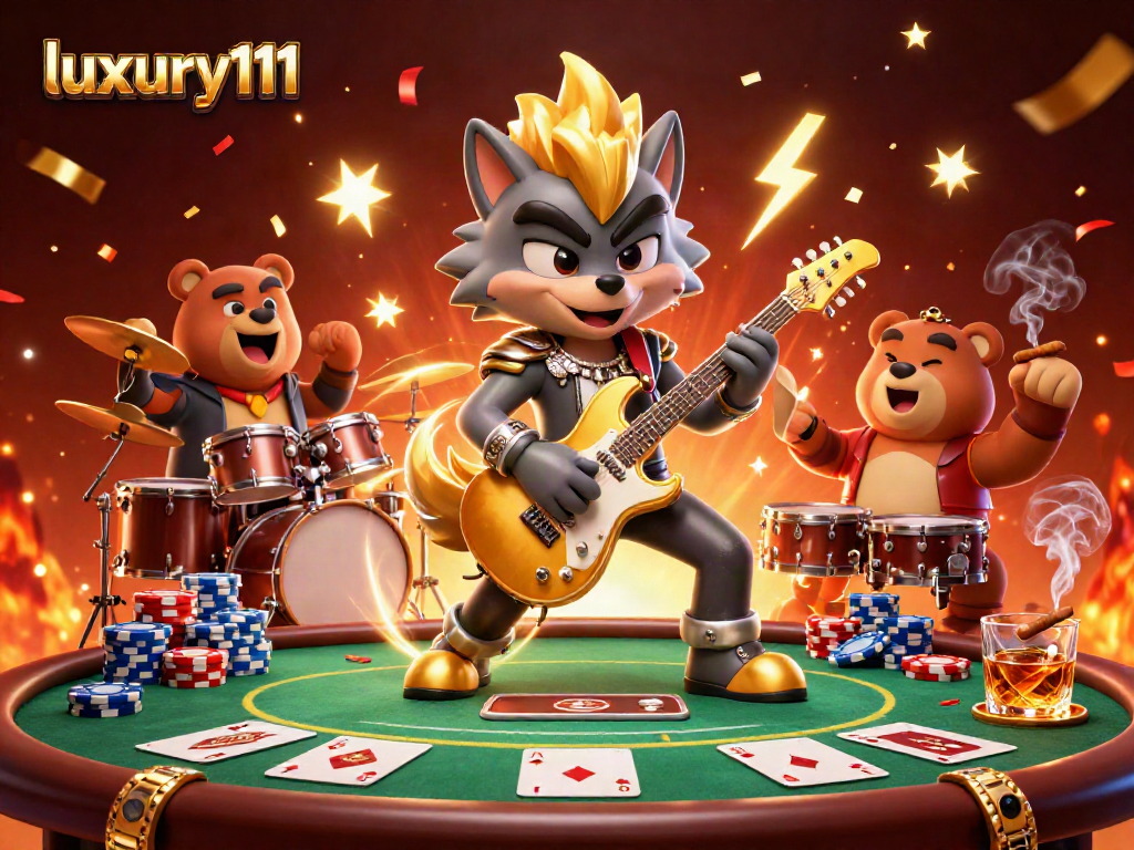 Engaging illustration showcasing a lively casino scene featuring luxury111 elements with characters playing poker amidst dynamic effects.