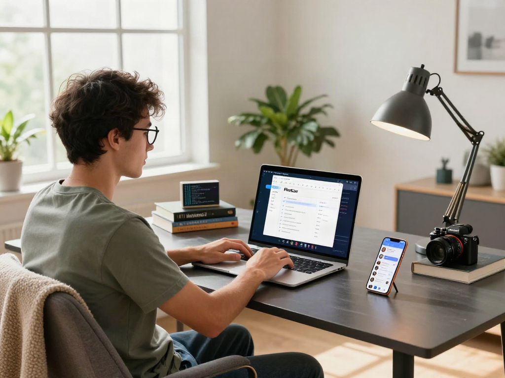 Pikashow apk download process in a modern home office with a tech-savvy individual using a laptop.