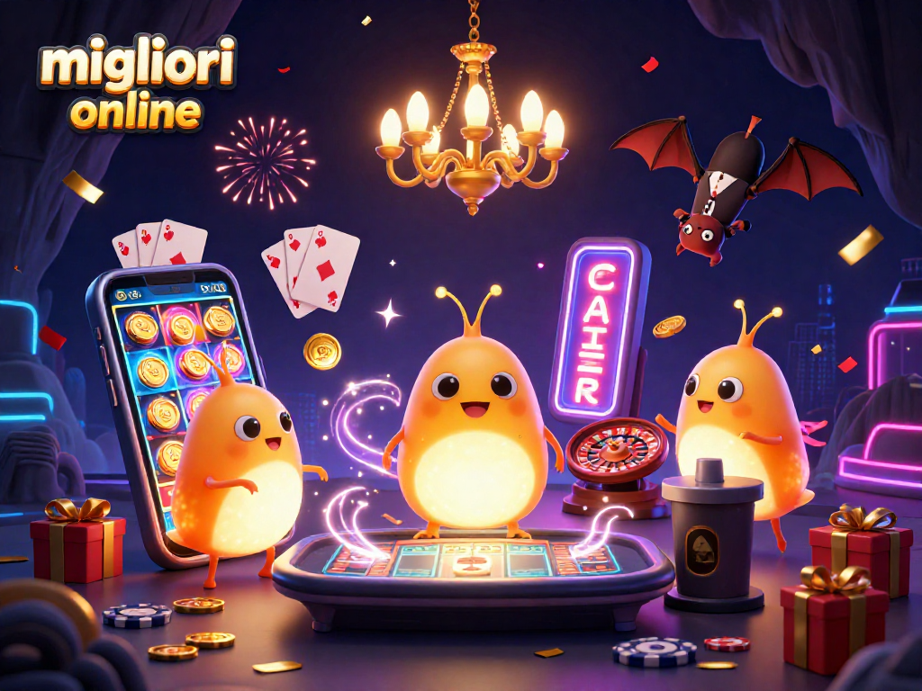 Scopri i migliori casinò online con un’illustrazione vivace di un team di lucciole nel loro ambiente di gioco.