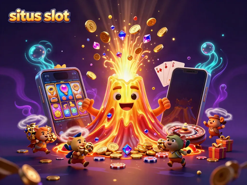 Spin the reels at situs slot while a golden volcano erupts coins and treasure, creating excitement.