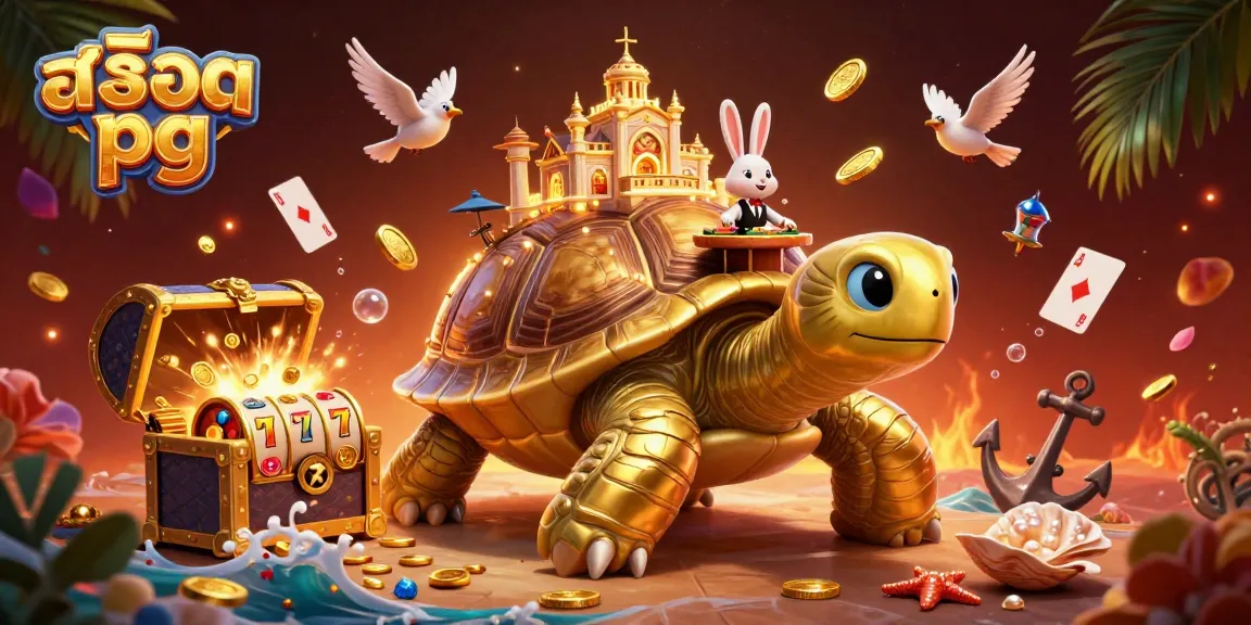 Experience thrilling สล็อต pg gameplay with a dynamic casino scene featuring a golden tortoise and a rabbit dealer.