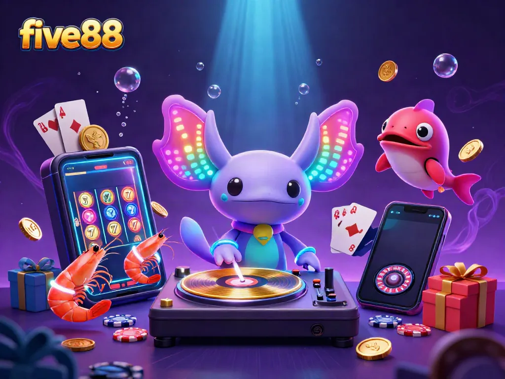 Engage with five88's vibrant underwater casino scene featuring an axolotl DJ and energetic characters.