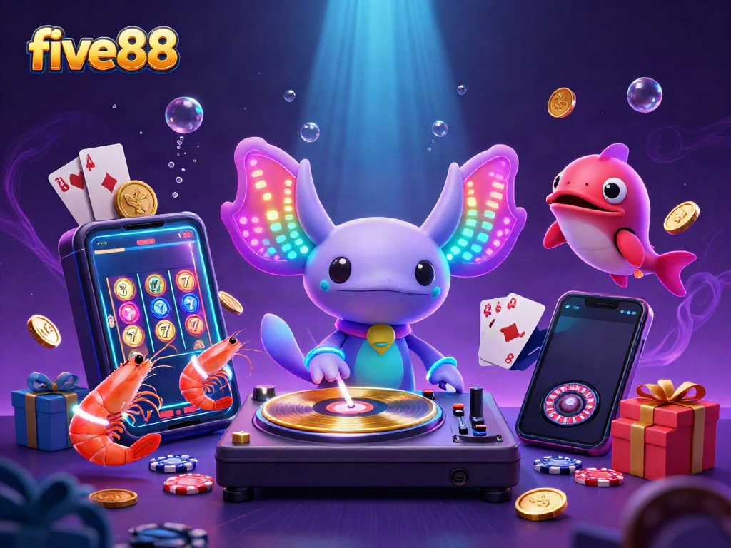 Engage with five88's vibrant underwater casino scene featuring an axolotl DJ and energetic characters.