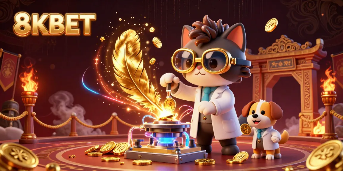 Bet with 8KBET in an energetic 3D scene featuring a mad scientist cat and dog, immersed in gold and gaming elements.