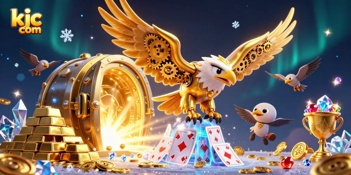Engage with thrilling games at kjc com, featuring a dynamic golden eagle diving through holographic cards.