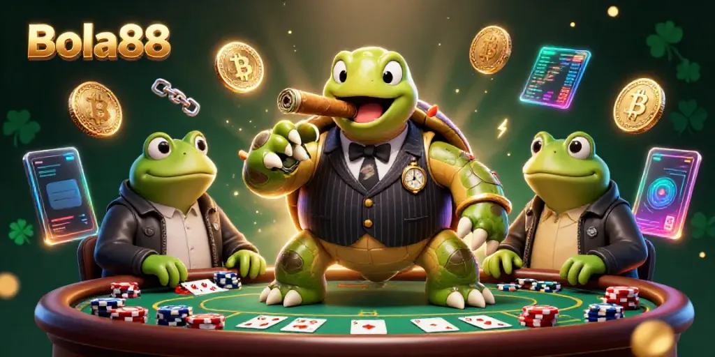 Bola88 showcases a lively scene of a mobster turtle and bullfrog enforcers at a poker table surrounded by casino elements.