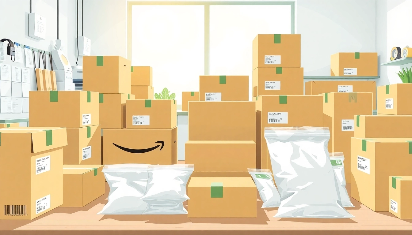 Packing materials and setup for Amazon FBA Packaging in a bright workspace.