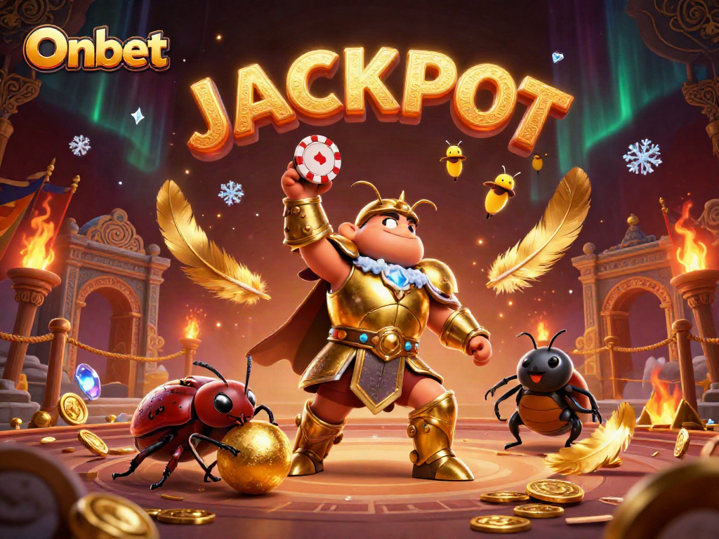 Onbet casino features a heroic beetle celebrating victory with a jackpot in a dynamic gaming arena.