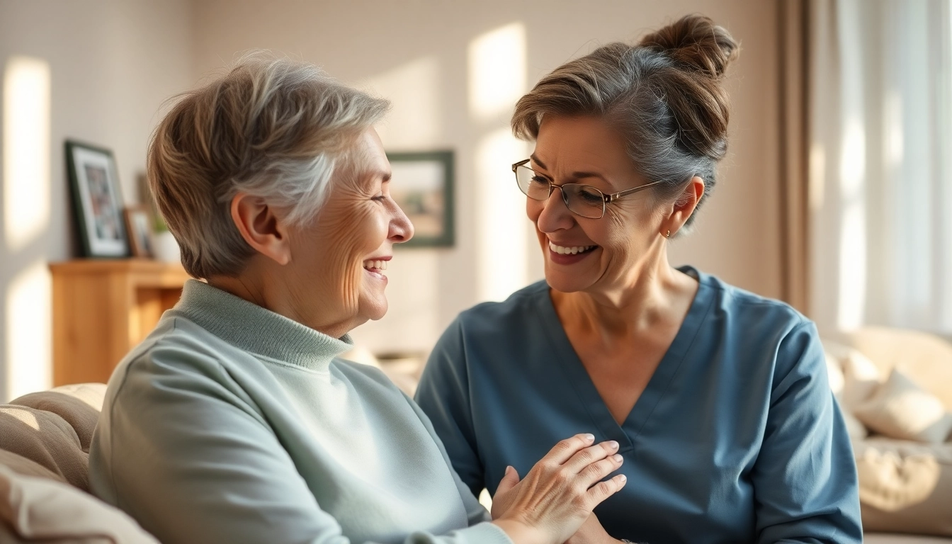Providing home help for dementia patients; caregiver supports elderly in a warm living room.