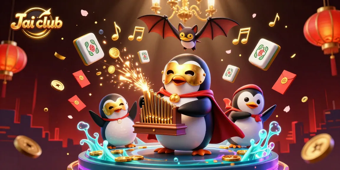 Play exciting games on Jai club with a 3D cartoon penguin and vibrant casino-themed elements.