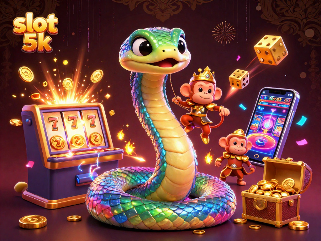Experience excitement with slot 5k-themed illustration featuring dynamic characters and vibrant casino elements.