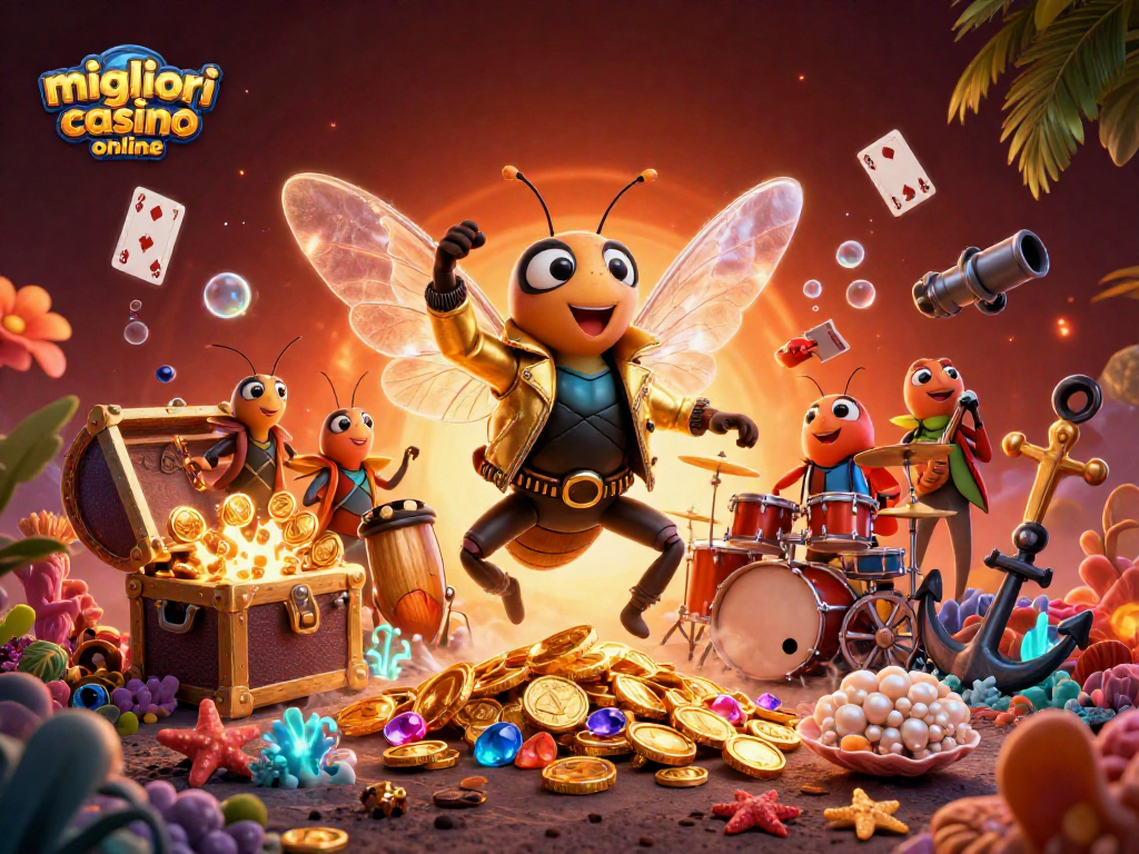 Immagine raffigurante i migliori casinò online con una cicada rockstar e elementi colorati di gioco.