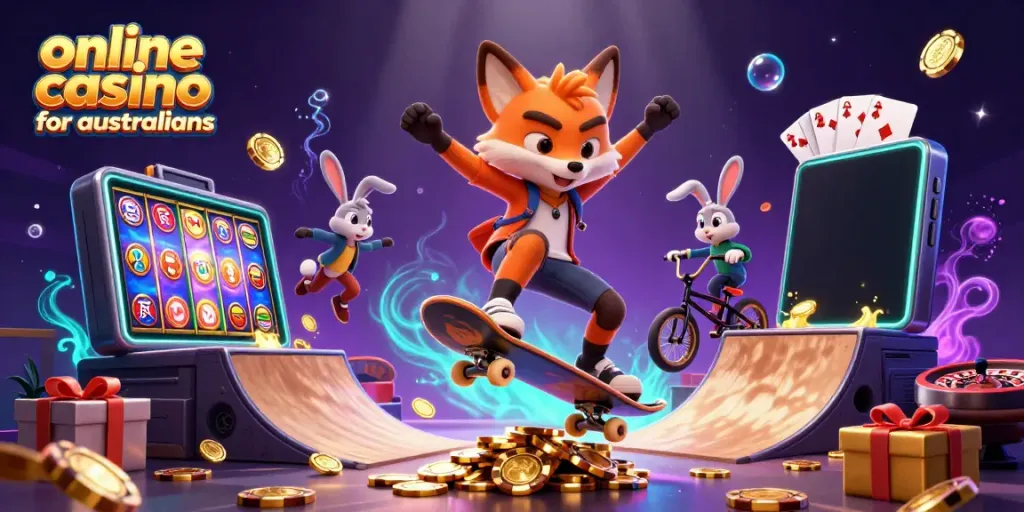 Experience the thrill of an online casino for Australians with a colorful gaming scene featuring dynamic characters.